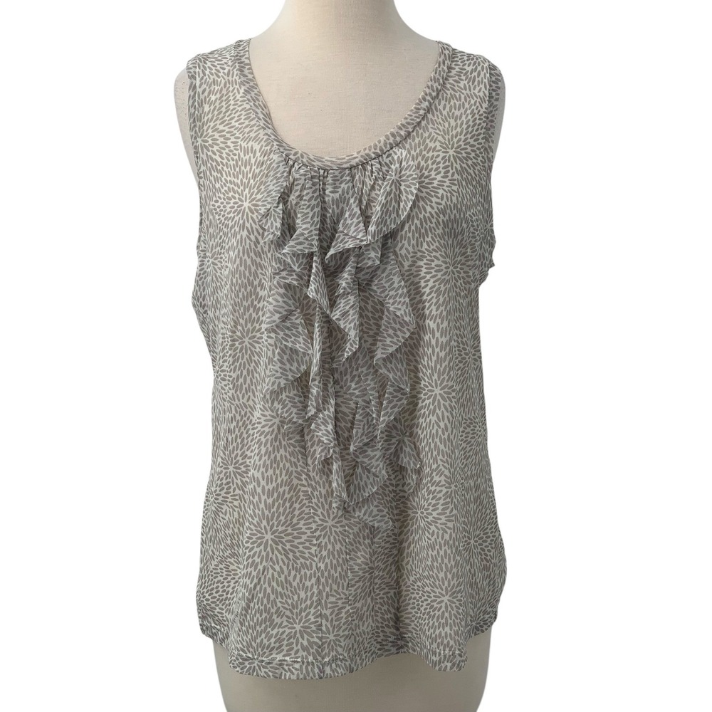 Chico's Sleeveless Ruffle Front Blouse Tank Top Gray/White Printed Size 2/Large